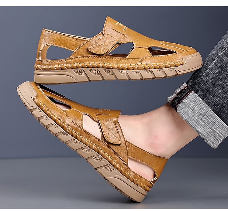Jingzhenlianggong New Casual Sandals High-Quality Ultra-Soft Men's Breathable Sandals Wear-Resistant Non-Slip Yellow [Leather Version] Size 43 25