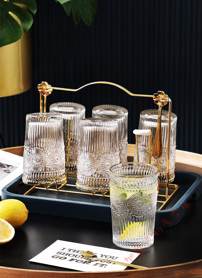 个性透明玻璃杯 巴洛克【矮】*6 樱花勺*6 金欧式杯架*1 h款【图片