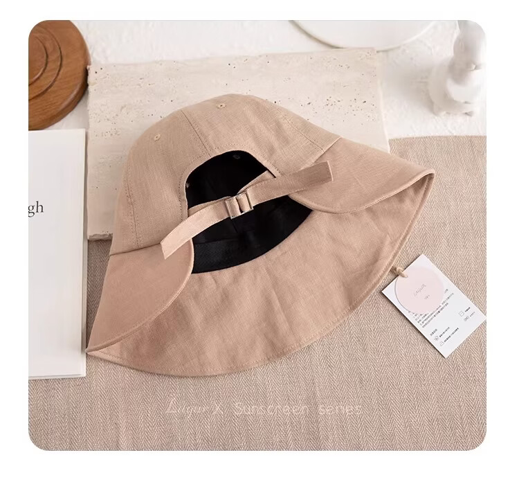 Lagur Japanese Classic Pure Linen Ponytail Outdoor Sunshade Fisherman Hat Sunscreen Hat for Women Summer Dark Blue 4