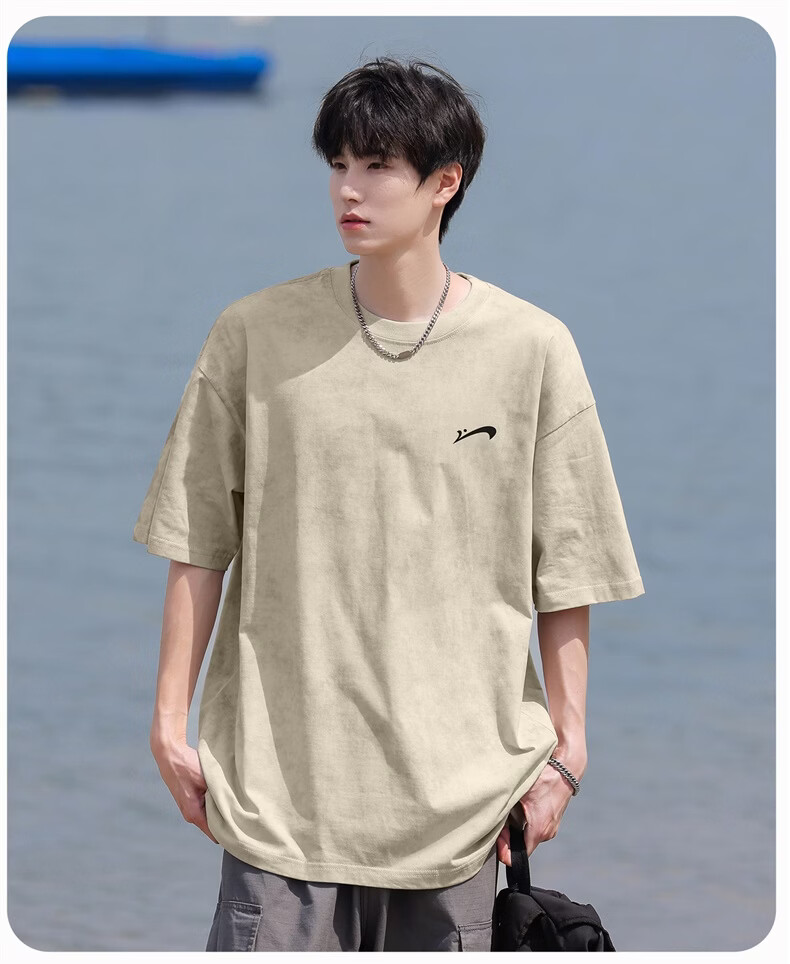 Guirenniao Washed Pure Cotton Short Sleeve T-Shirt Men New American Casual Fashion Vintage Soft Breathable Top Carbon Gray S 16