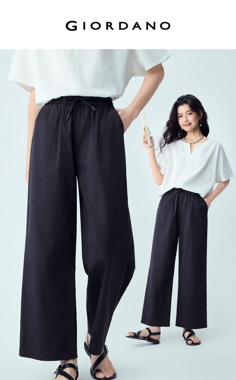 Giordano Women's Pants 2026 Summer New Pure Cotton Pleated Drawstring Elastic Waist Cropped Casual Pants 13426304 3