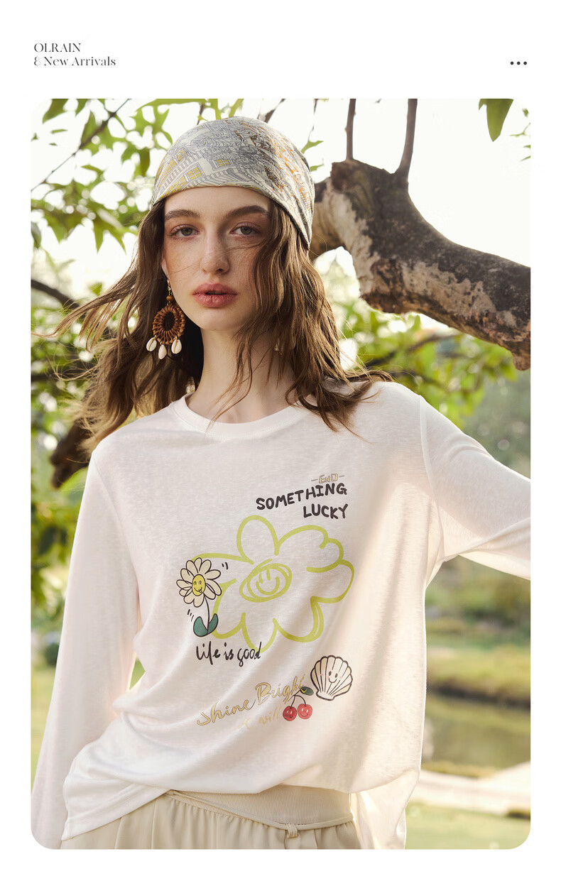Olrain Eurielle Tencel Relaxed Fit Casual Printed Long Sleeve T-Shirt Sun Protection Top for Women White (Second Batch) M 5
