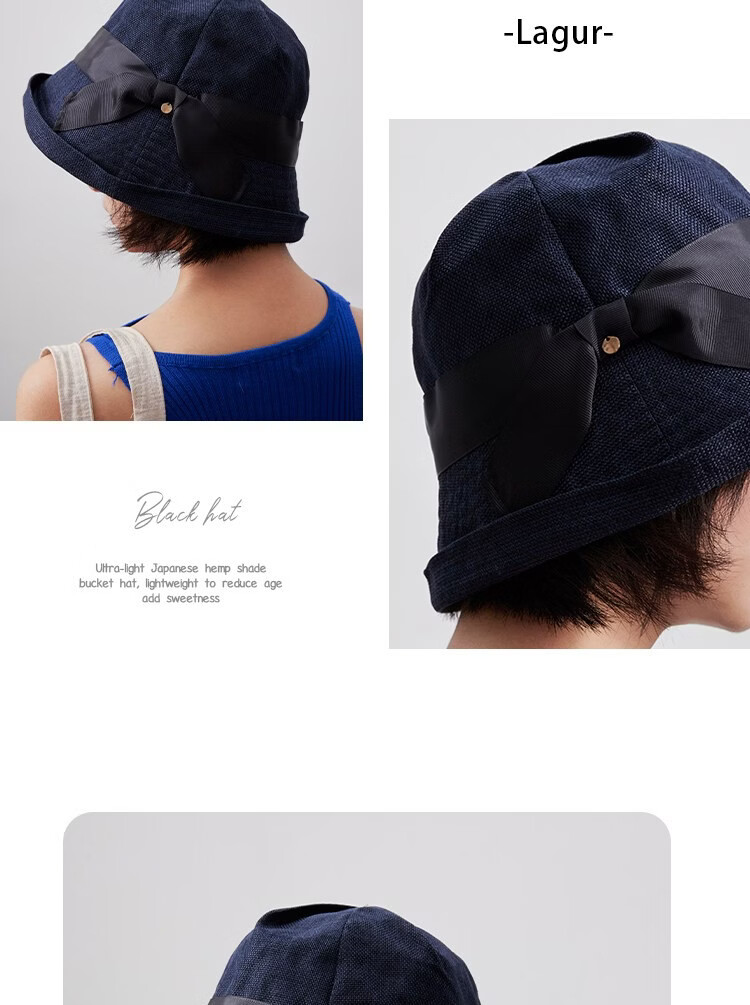 Lagur Lightweight Paper-Feel Japanese Hemp Edge Fisherman Hat Breathable Thin Sunshade Foldable Midnight Blue 25