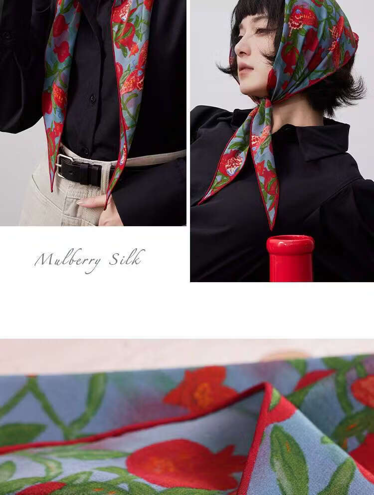 Lagur "Butterfly Pomegranate Flower" 100% Mulberry Silk Triangle Scarf Women's Silk Diamond Scarf Lupine Blue 15