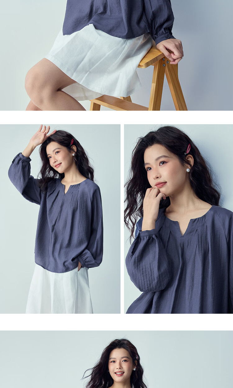 Giordano 2026 Spring New Pleated V-Neck Loose Raglan Textured Long Sleeve Shirt for Women 05346117 12