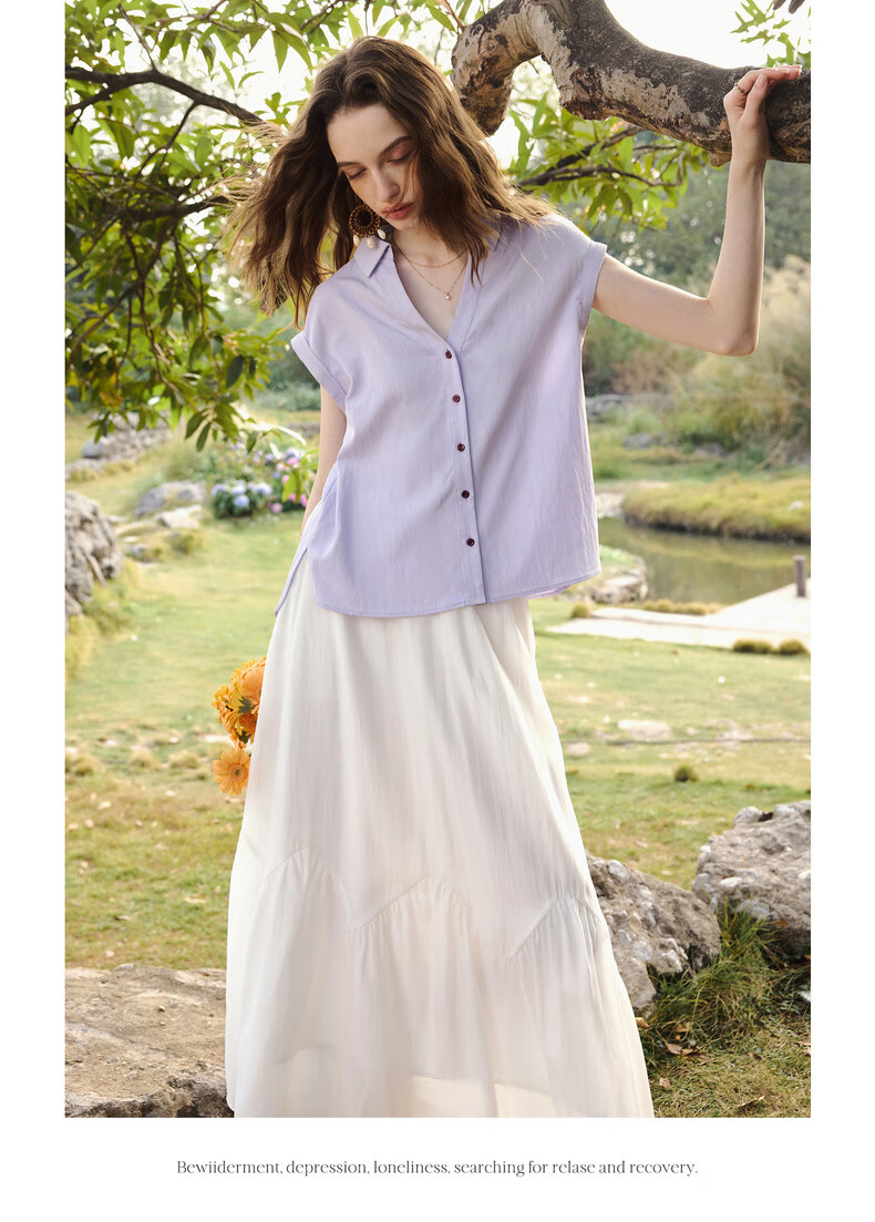 Olrain Lazy Design Short Sleeve Shirt Women's Summer New Elegant Cardigan Top Purple M 16