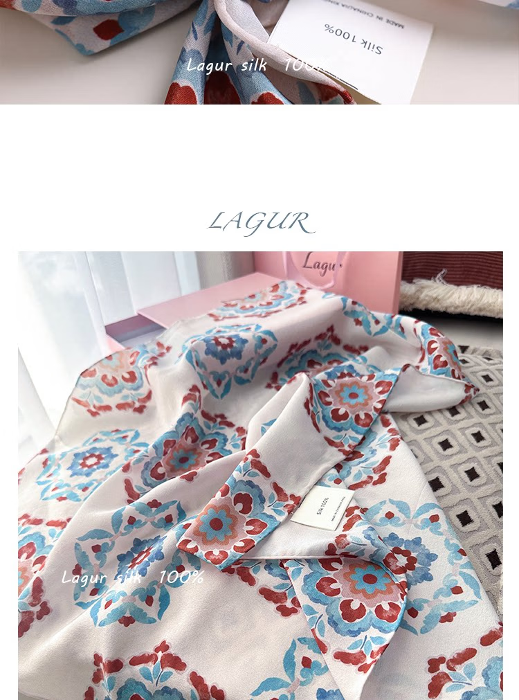 Lagur "Oriental Precious Pattern" Double Crepe 12 Momme 100% Silk Scarf Precious Pattern (Pink Gift Box) 18