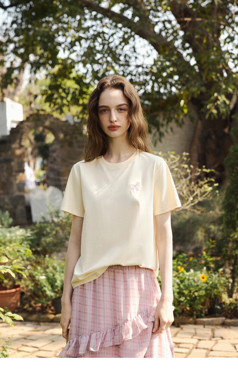 Olrain Eurier Casual Commuter Pony Embroidery Back Print Short Sleeve T-Shirt Women's Summer Top Beige M 18