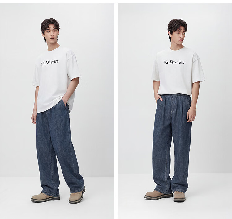 Semir Men's Summer Pure Cotton Skin-Friendly Wide-Leg Jeans 2026 Elastic Waist Drawstring Pleated Trousers 109326124109 20