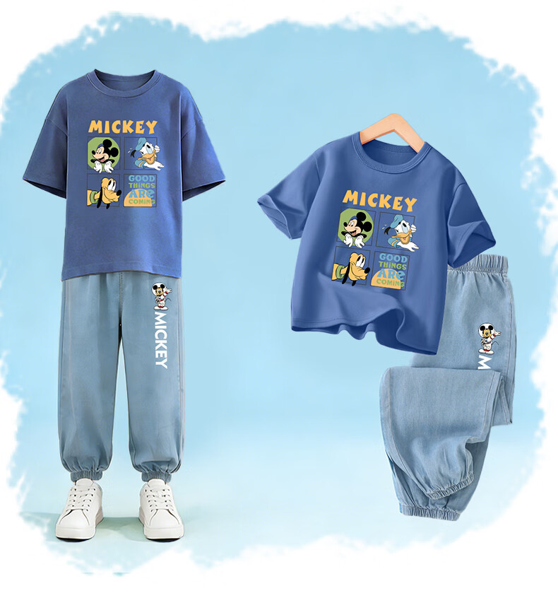 Disney Kids Short Sleeve Set Boys and Girls Cotton Tencel Jeans Space T White + Chin Rest K Dark Blue 120 10