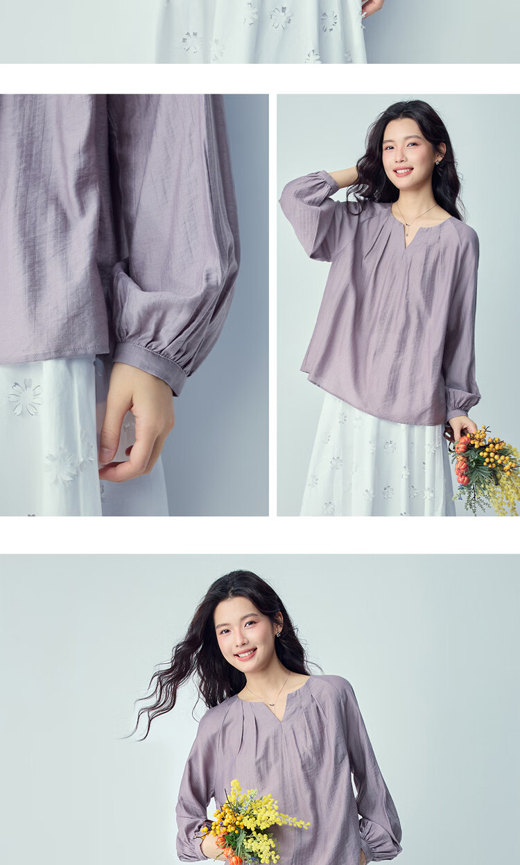 Giordano 2026 Spring New Pleated V-Neck Loose Raglan Textured Long Sleeve Shirt for Women 05346117 10