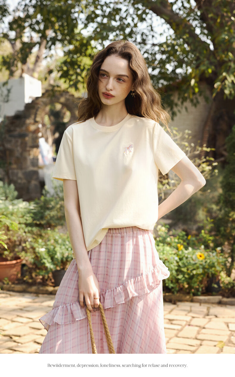 Olrain Eurier Casual Commuter Pony Embroidery Back Print Short Sleeve T-Shirt Women's Summer Top Beige M 15