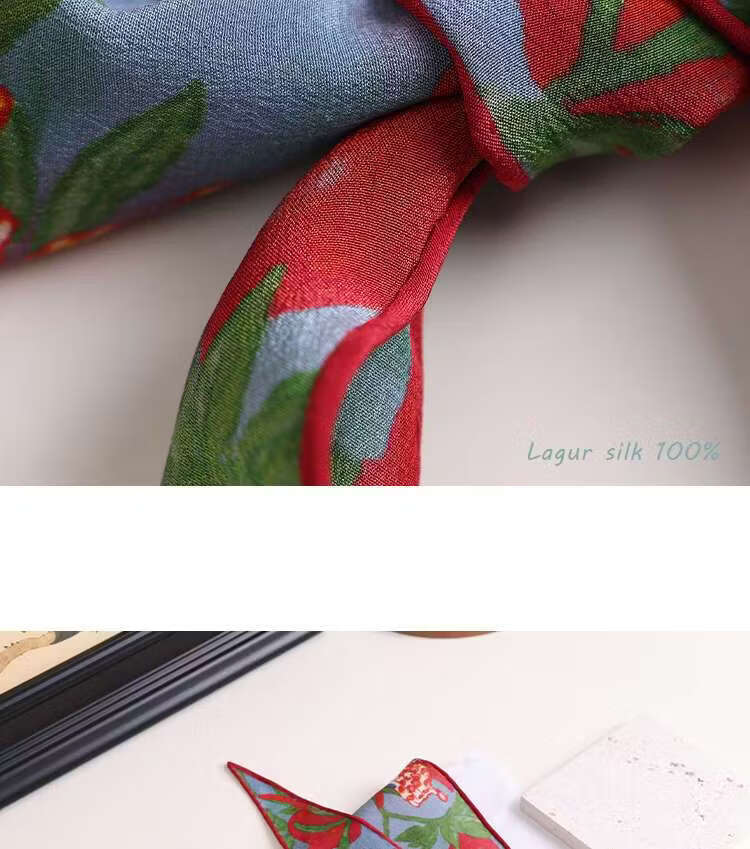 Lagur "Butterfly Pomegranate Flower" 100% Mulberry Silk Triangle Scarf Women's Silk Diamond Scarf Lupine Blue 21