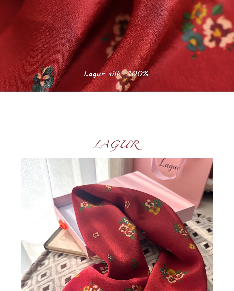 Lagur Nostalgic "Oriental Aesthetic" Vintage Red Mulberry Silk Scarf Square Hong Kong Style Women's Gift for Mom Camellia Red 16