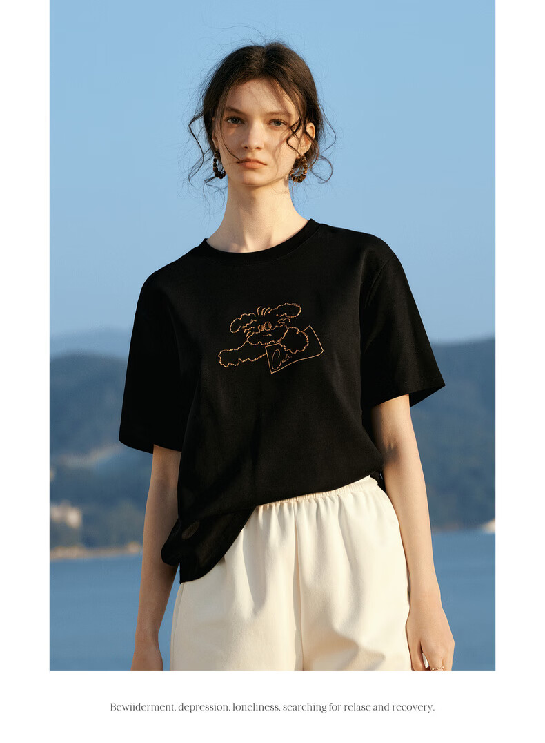 Olrain Eurier New Summer Women's Casual Dog Embroidery Crew Neck Loose Short Sleeve T-Shirt Black XL 15