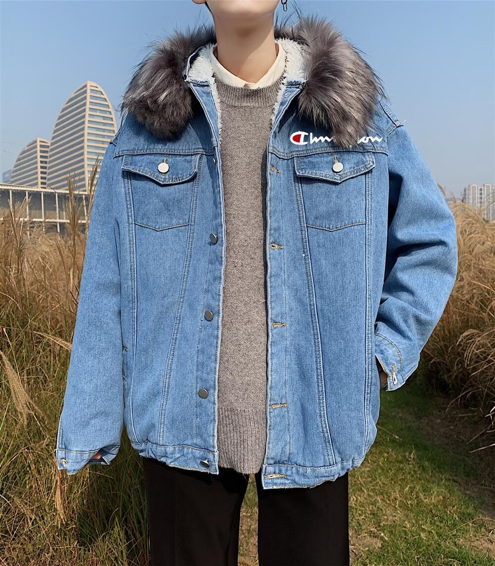 champion冠军加绒牛仔外套男女士冬季潮流夹克冬天加厚毛领牛仔上