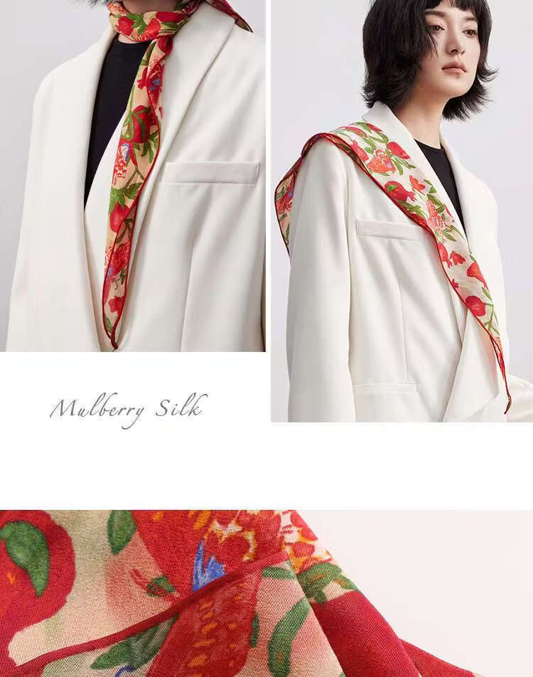 Lagur "Butterfly Pomegranate Flower" 100% Mulberry Silk Triangle Scarf Women's Silk Diamond Scarf Lupine Blue 26