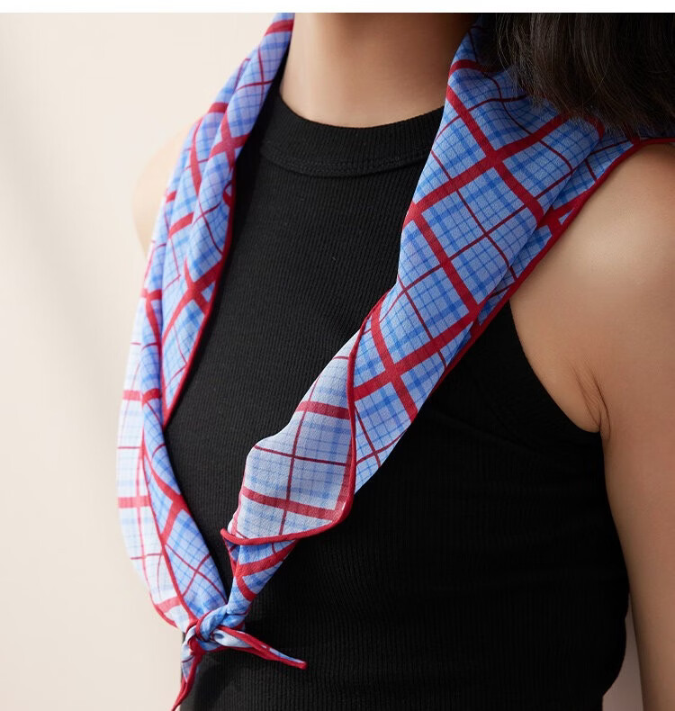 Lagur Tranquil Blue Plaid 100% Mulberry Silk Scarf Long Triangle Diamond Vintage Headband for Women Tranquil Blue 24