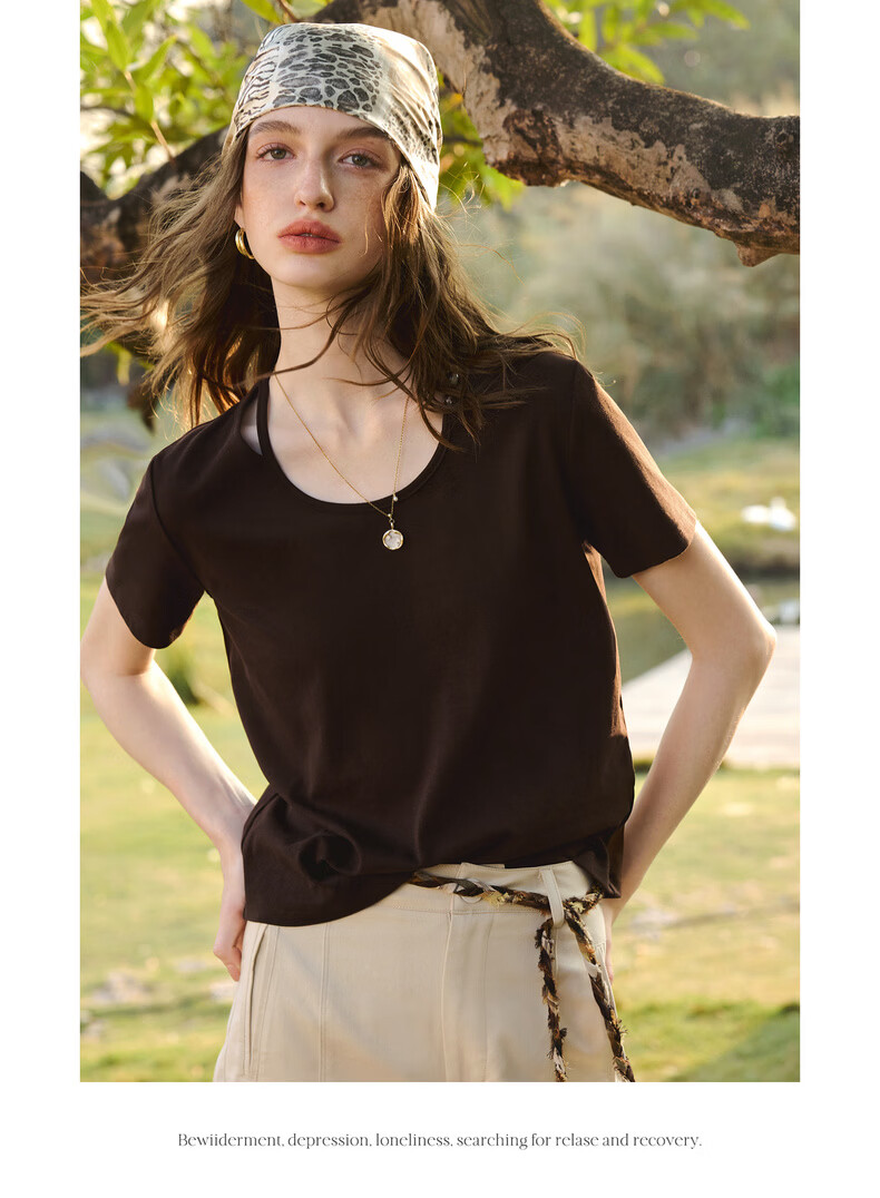 Olrain Oureier Round Neck Beaded Fitted Short Sleeve T-Shirt Women's Summer New Casual Trendy Top Beige L 19