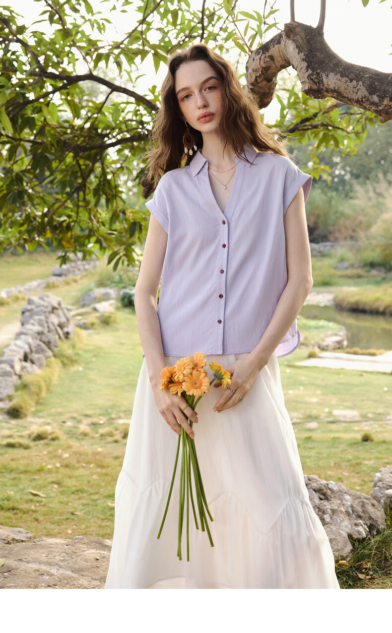 Olrain Lazy Design Short Sleeve Shirt Women's Summer New Elegant Cardigan Top Purple M 15