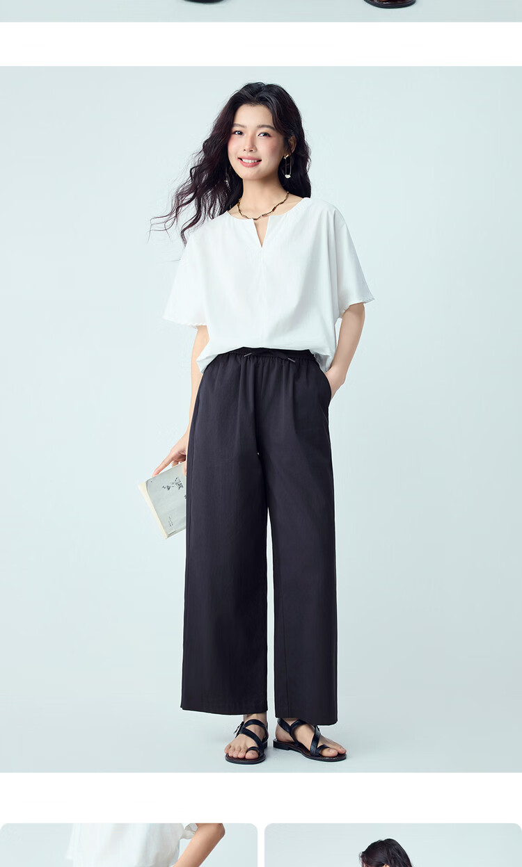 Giordano Women's Pants 2026 Summer New Pure Cotton Pleated Drawstring Elastic Waist Cropped Casual Pants 13426304 12