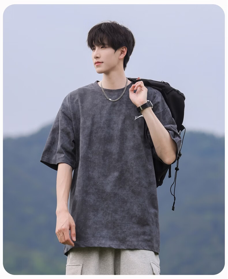 Guirenniao Washed Pure Cotton Short Sleeve T-Shirt Men New American Casual Fashion Vintage Soft Breathable Top Carbon Gray S 11