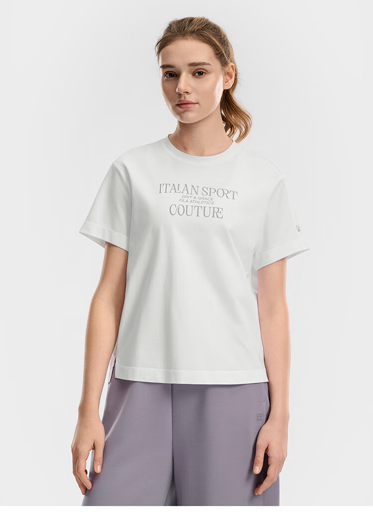 FILA Women's Knitted Short Sleeve T-Shirt 2026 Summer Fitness Sports Colorblock Letter Loose Tee (Sun Qiantong Edition) 8
