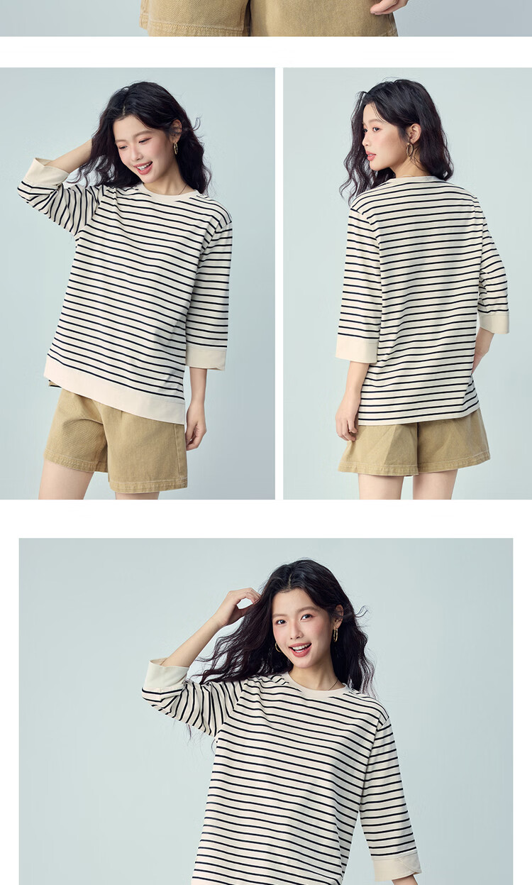 Giordano Women's T-Shirt 2026 Summer Cotton Striped Round Neck High-Low Hem 3/4 Sleeve Top 05326387 11