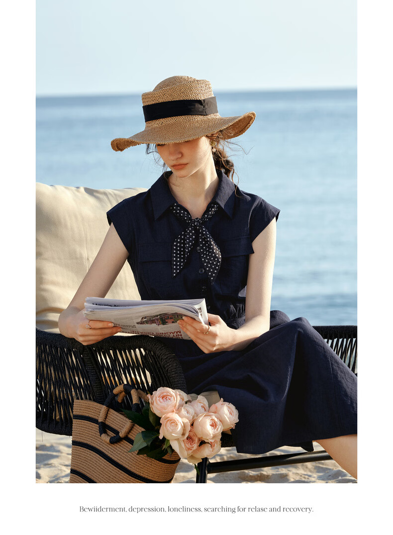 Olrain Eurier High Intelligence Style New Summer Polka Dot Scarf Design Lapel Slim Waist Dress Navy Blue M 20
