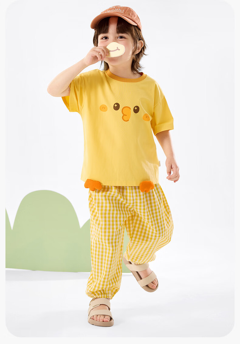Dudu Kids Summer Set Loose Boys Short Sleeve T-Shirt Girls Casual Pants Baby Two-Piece Set Yellow-Green 120 10
