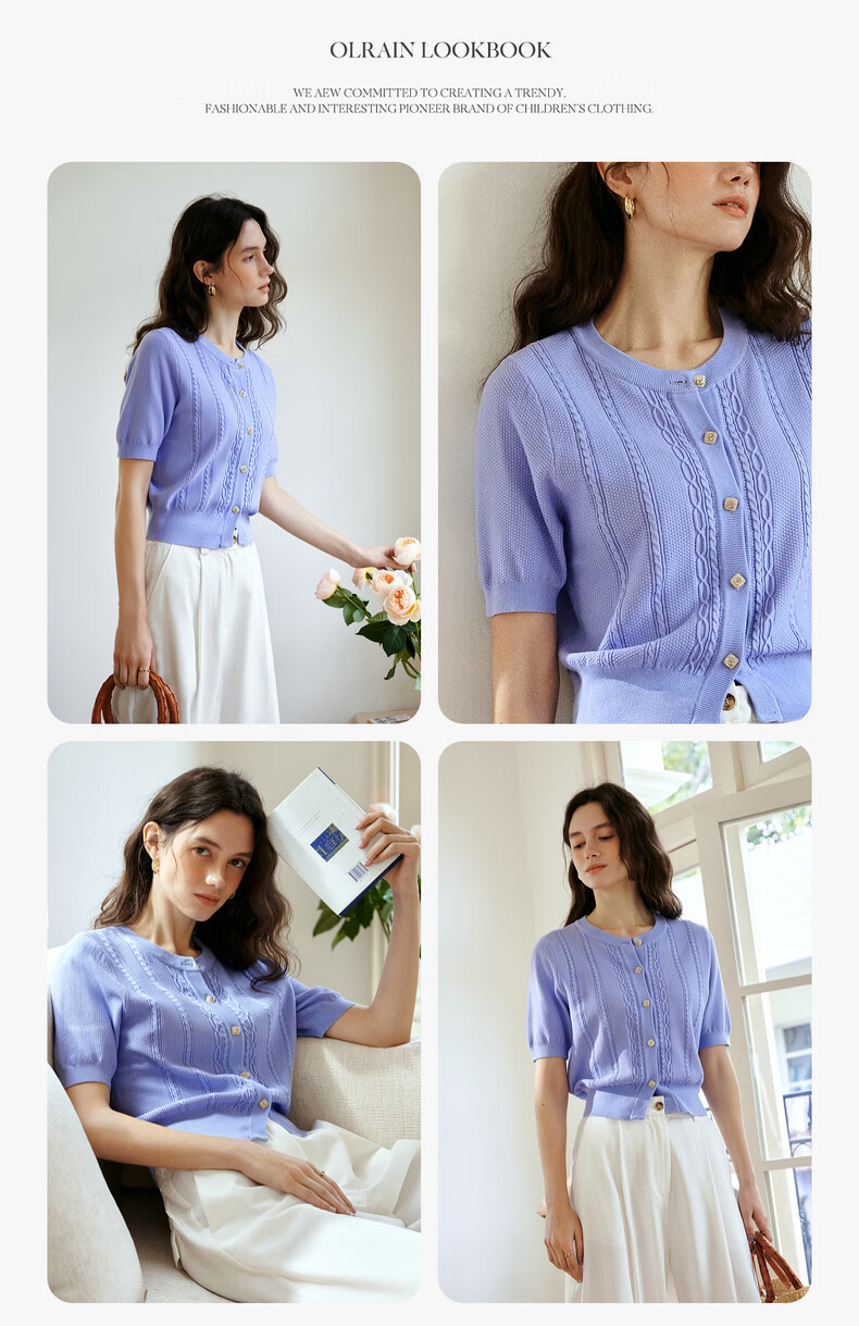 Olrain French Style Round Neck Cable Knit Cardigan Women Summer Commuter Casual Short Top Purple L 12