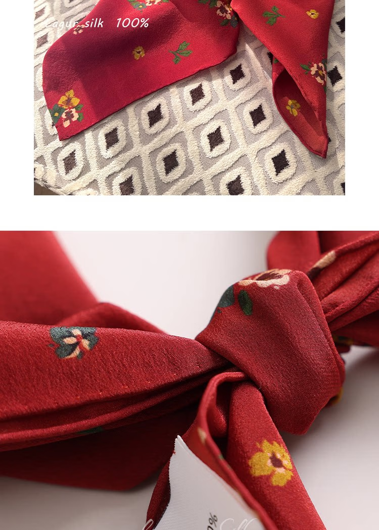 Lagur Nostalgic "Oriental Aesthetic" Vintage Red Mulberry Silk Scarf Square Hong Kong Style Women's Gift for Mom Camellia Red 17
