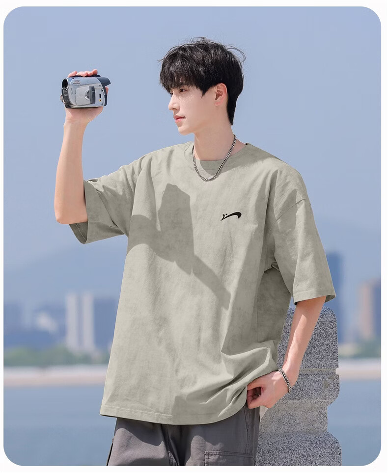 Guirenniao Washed Pure Cotton Short Sleeve T-Shirt Men New American Casual Fashion Vintage Soft Breathable Top Carbon Gray S 12