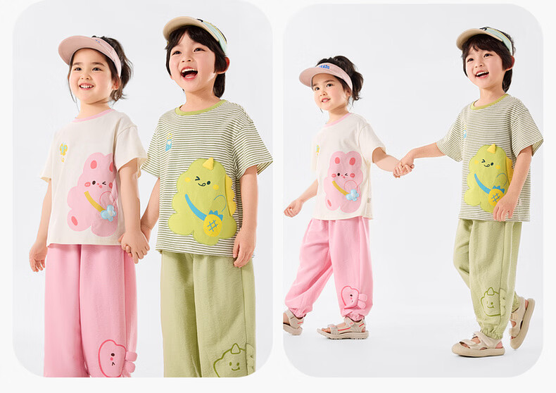 Dudu Kids Cartoon Summer Set Baby Skin-Friendly Two-Piece Boys T-Shirt Girls Mosquito-Proof Pants Green Stripes 100 20