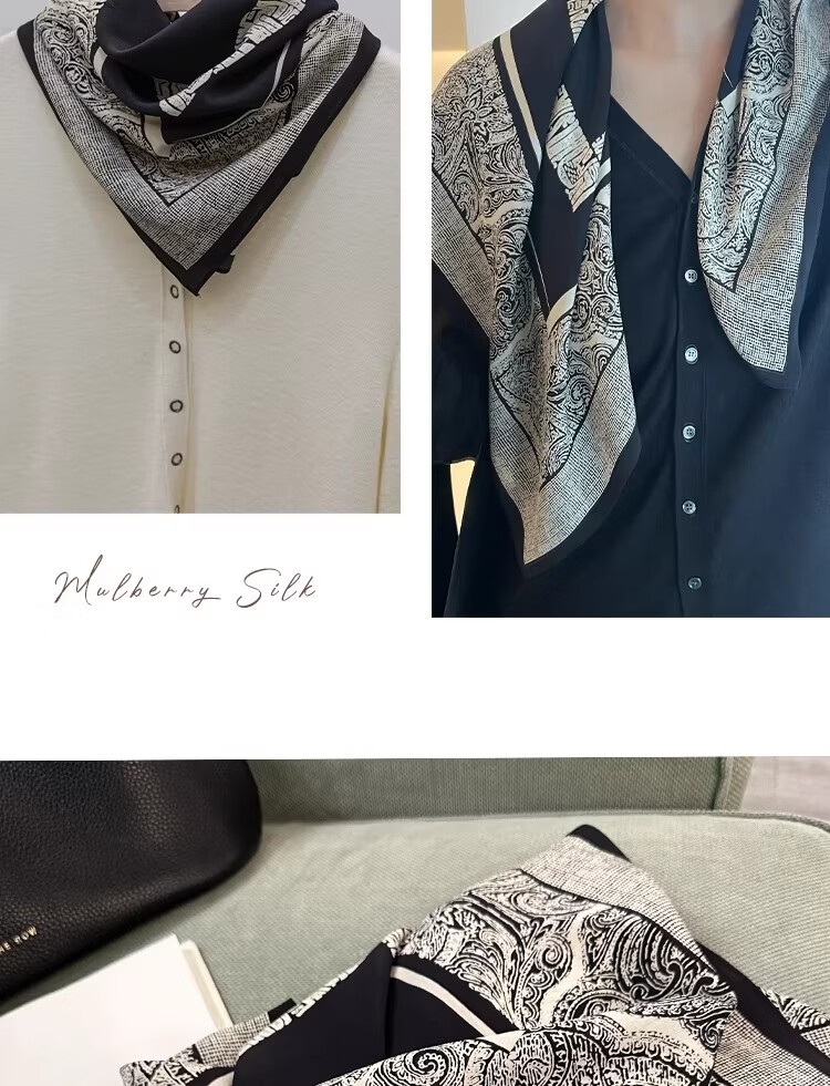 Lagur French Vintage Classic High-End Black and White 100% Mulberry Silk Square Scarf Versatile Neck Scarf for Women 17