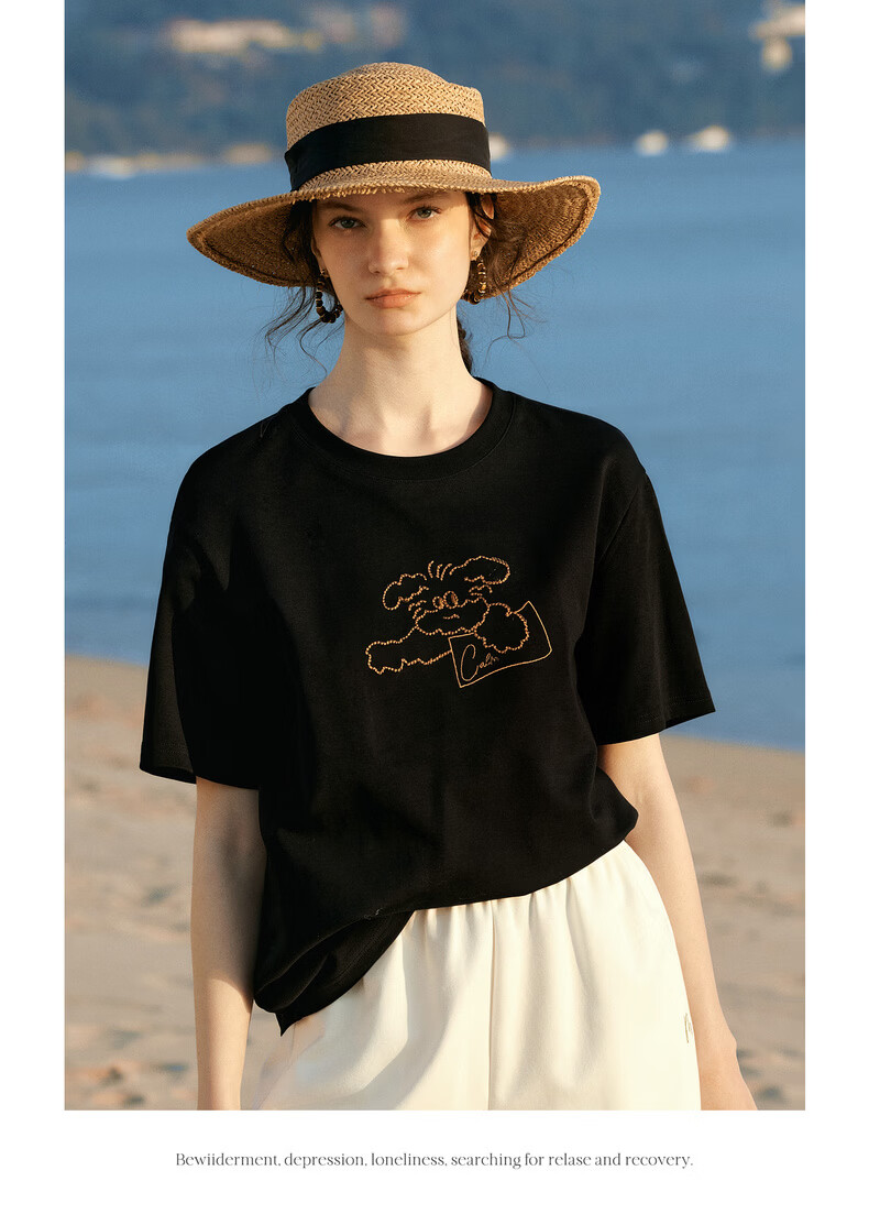 Olrain Eurier New Summer Women's Casual Dog Embroidery Crew Neck Loose Short Sleeve T-Shirt Black XL 12