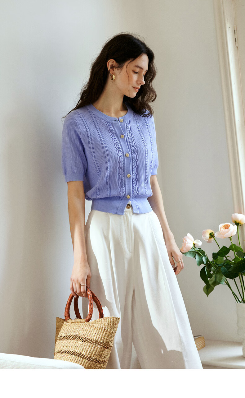 Olrain French Style Round Neck Cable Knit Cardigan Women Summer Commuter Casual Short Top Purple L 18