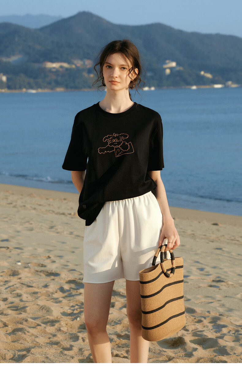 Olrain Eurier New Summer Women's Casual Dog Embroidery Crew Neck Loose Short Sleeve T-Shirt Black XL 16