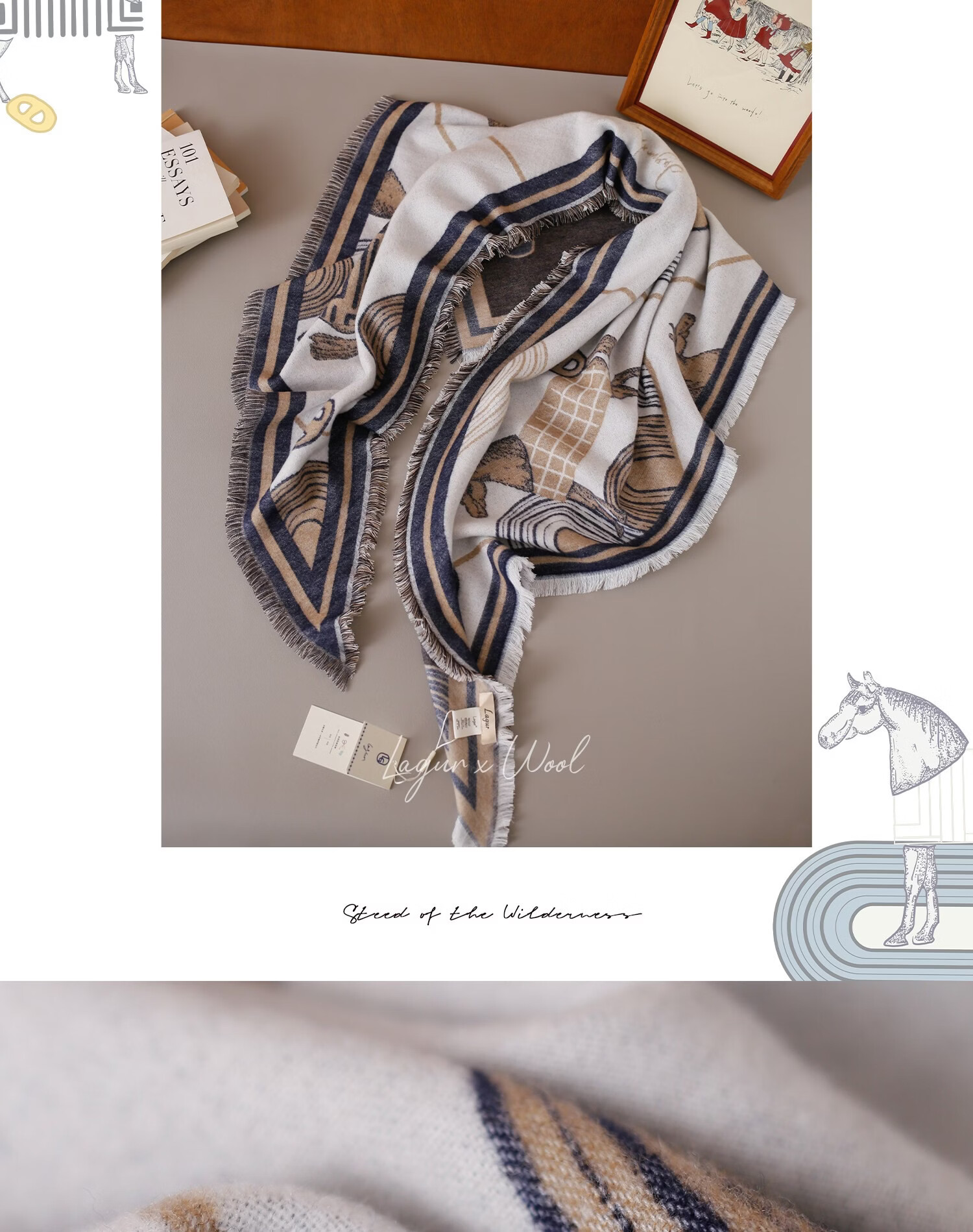 Lagur Minimalist Horse Fine Wool Blend Triangle Scarf Air Conditioning Room Shawl Versatile Women's Neck Warmer Minimalist Beige 24