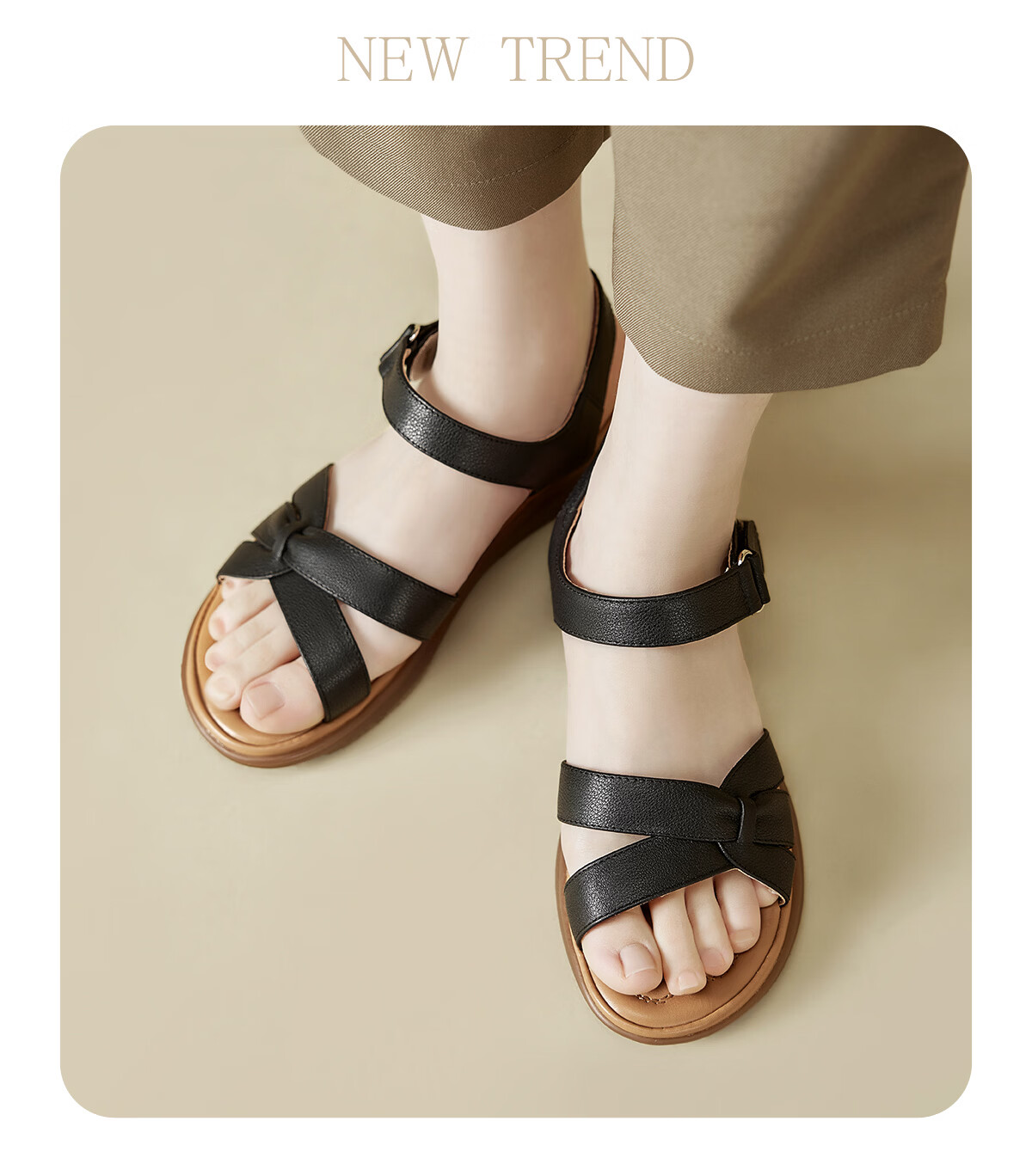 Eierkang Women's Summer Genuine Leather Velcro Mom Sandals Soft Sole Middle-aged and Elderly Sandals 10986W Black Size 35 5