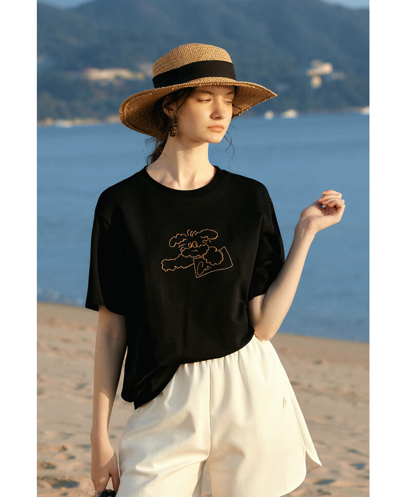 Olrain Eurier New Summer Women's Casual Dog Embroidery Crew Neck Loose Short Sleeve T-Shirt Black XL 14