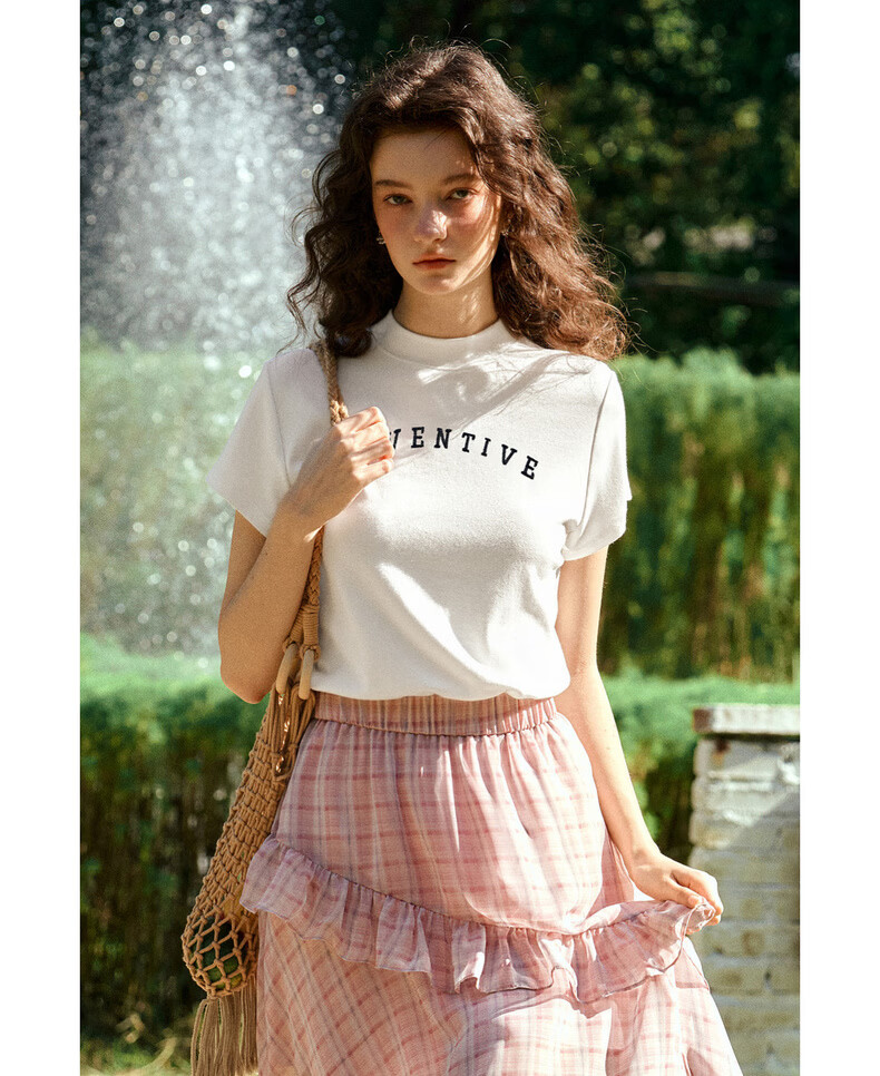 Olrain Oureier Stand Collar Letter Embroidered Short Sleeve T-Shirt Women Summer Casual Slim Fit Top White M 17