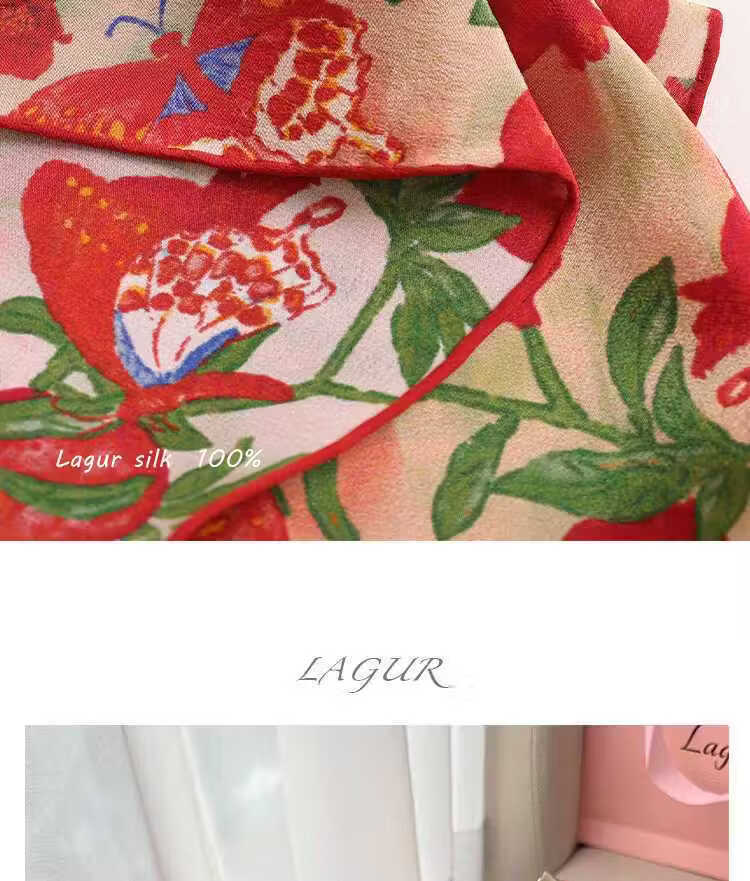 Lagur "Butterfly Pomegranate Flower" 100% Mulberry Silk Triangle Scarf Women's Silk Diamond Scarf Lupine Blue 27