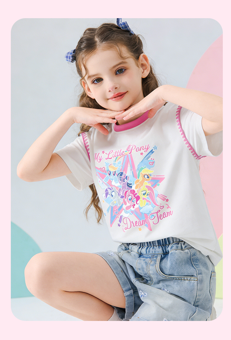 My Little Pony Girls' Short Sleeve T-Shirt 2026 New Color-Block Shell Embroidery Top Cooling Half Sleeve White 110 19