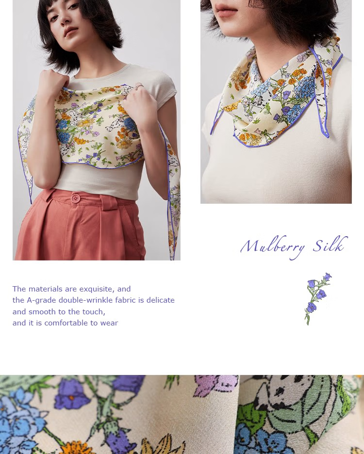 Lagur "French Wonderland" 100% Mulberry Silk Small Scarf 12 Momme Silk Triangle Neck Scarf Spring Autumn Cream Yellow 17