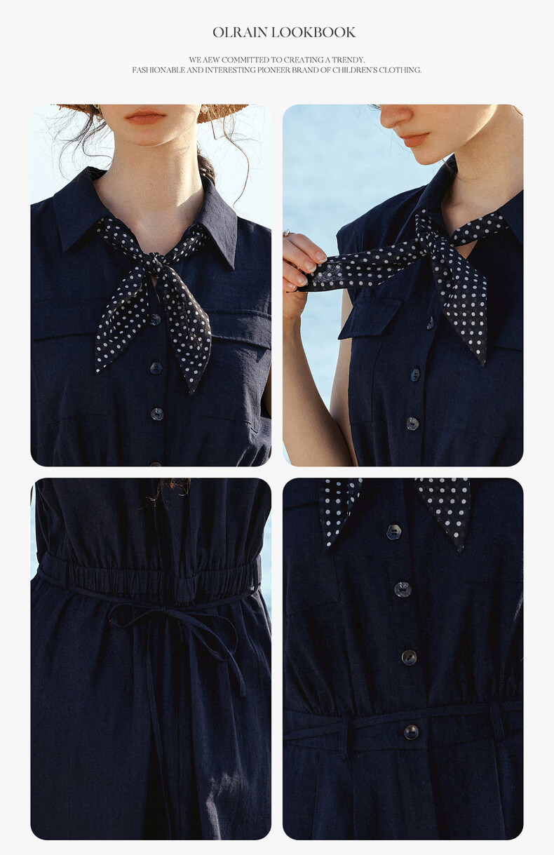 Olrain Eurier High Intelligence Style New Summer Polka Dot Scarf Design Lapel Slim Waist Dress Navy Blue M 12