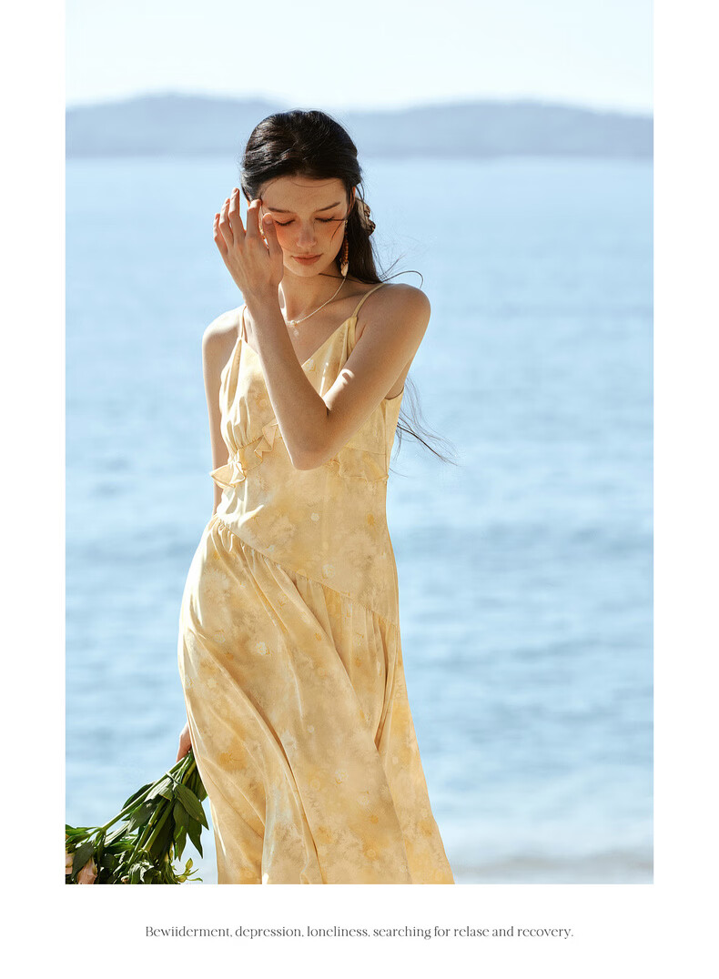 Olrain New Summer Yellow French Vacation Style Ruffle Tie-Dye Print Spaghetti Strap Dress Yellow XL 19