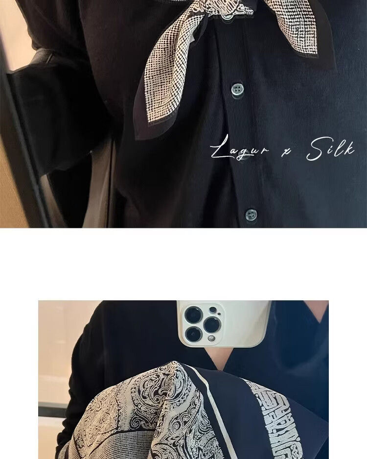 Lagur French Vintage Classic High-End Black and White 100% Mulberry Silk Square Scarf Versatile Neck Scarf for Women 15