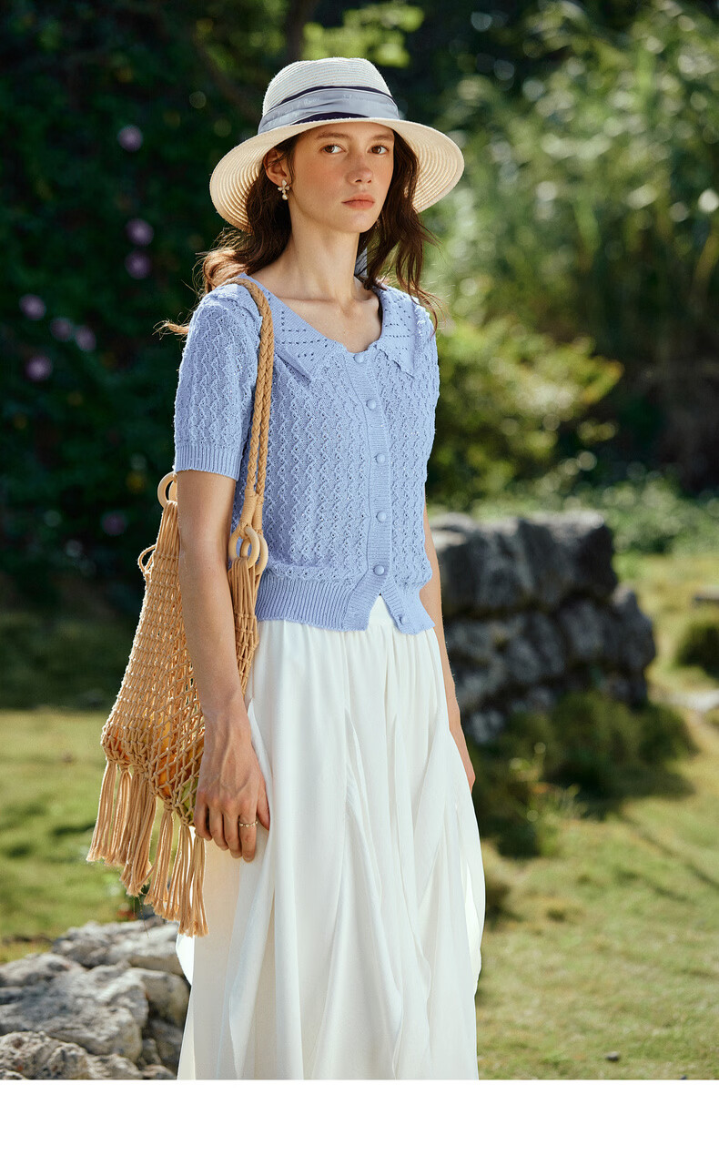 Olrain French Style New Summer Hollow Out Lapel Elegant Short Sleeve Knit Cardigan Top for Women Blue L 17