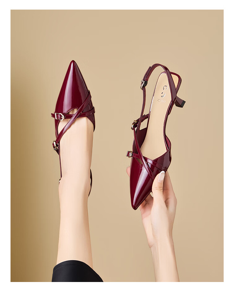 Zhuoshini French Style Women's Sandals 2026 New Spring Patent Leather High Heel Sexy Peep Toe Sandals Single Shoes Wine Red 38 13